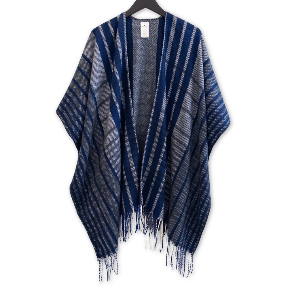 Woolrich‎ Poncho Wrap Women One Size Blue Gray Striped Fringe Open Front Ruana
